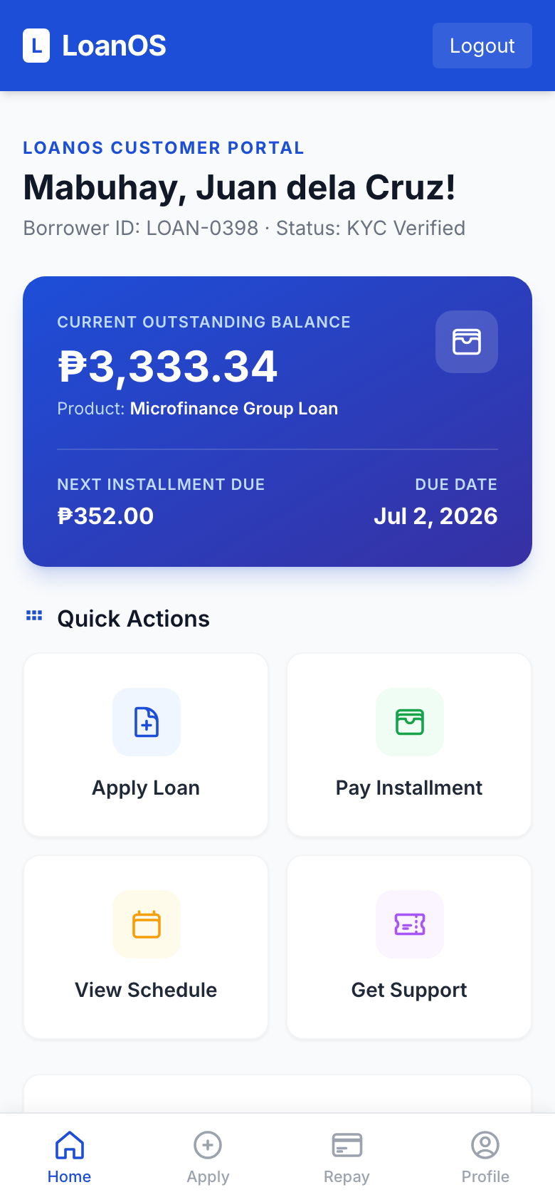 LoanOS borrower mobile PWA dashboard