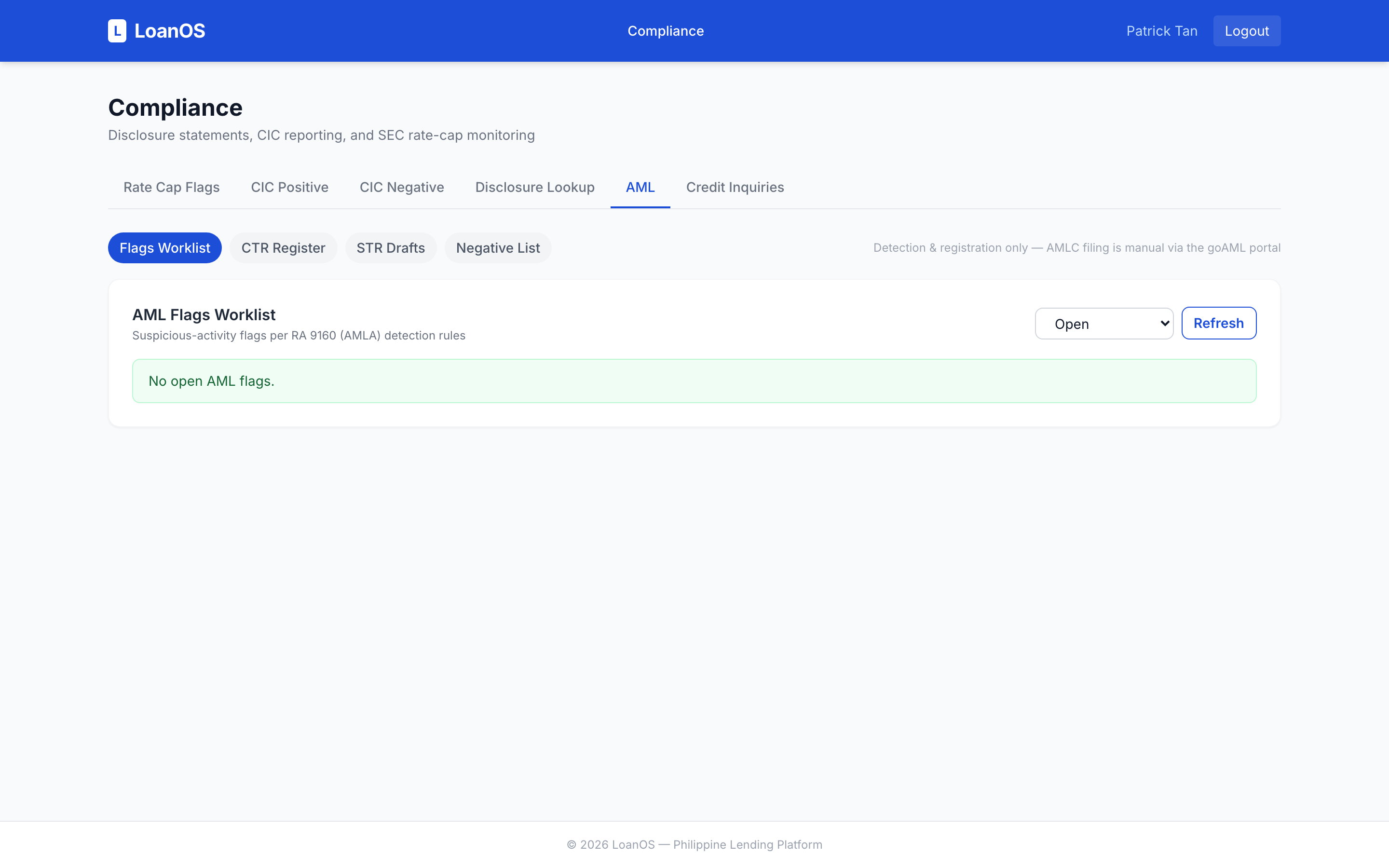 LoanOS compliance module showing AML flags worklist