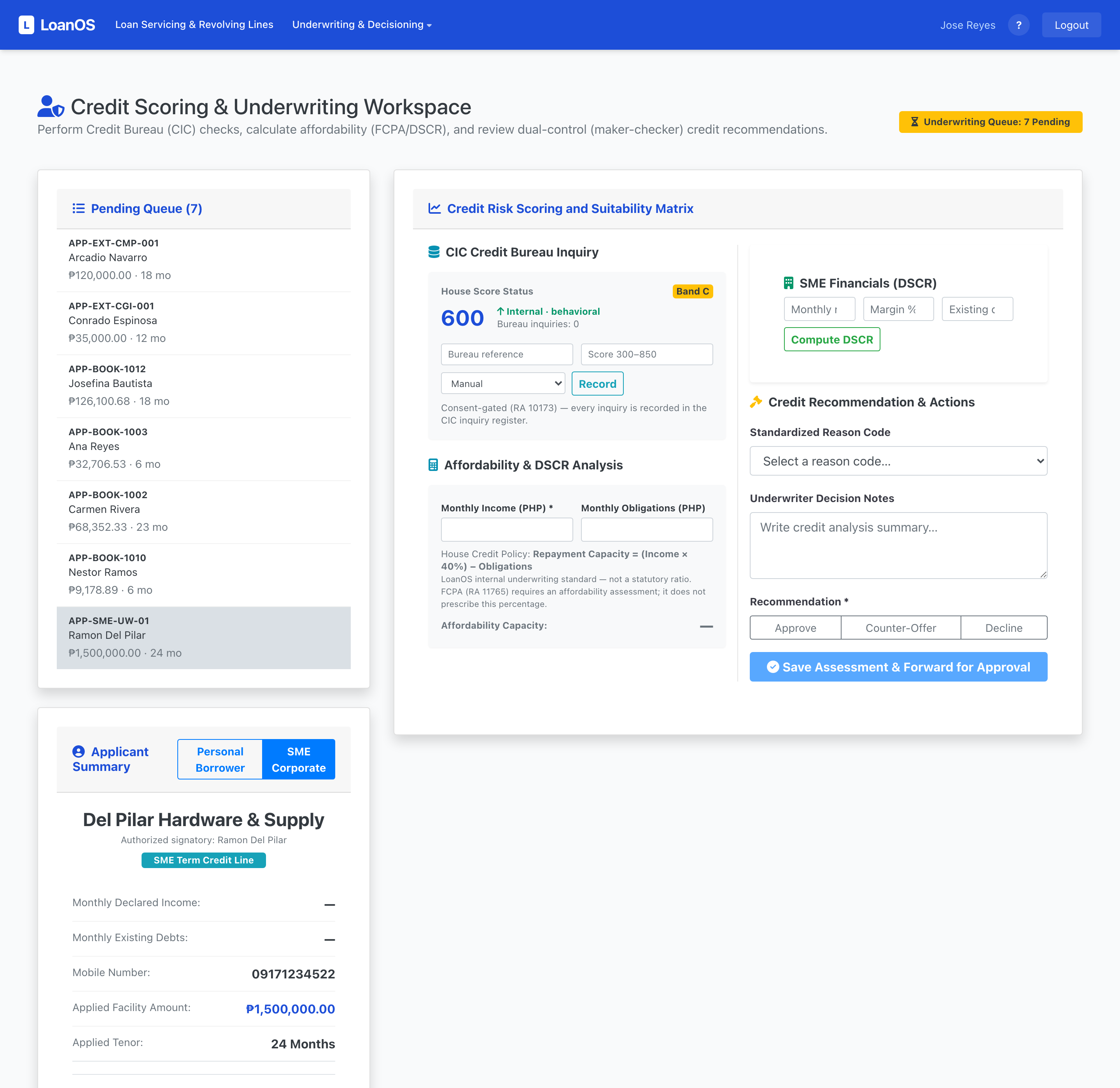 LoanOS underwriting workspace showing SME debt-service coverage and collateral LTV
